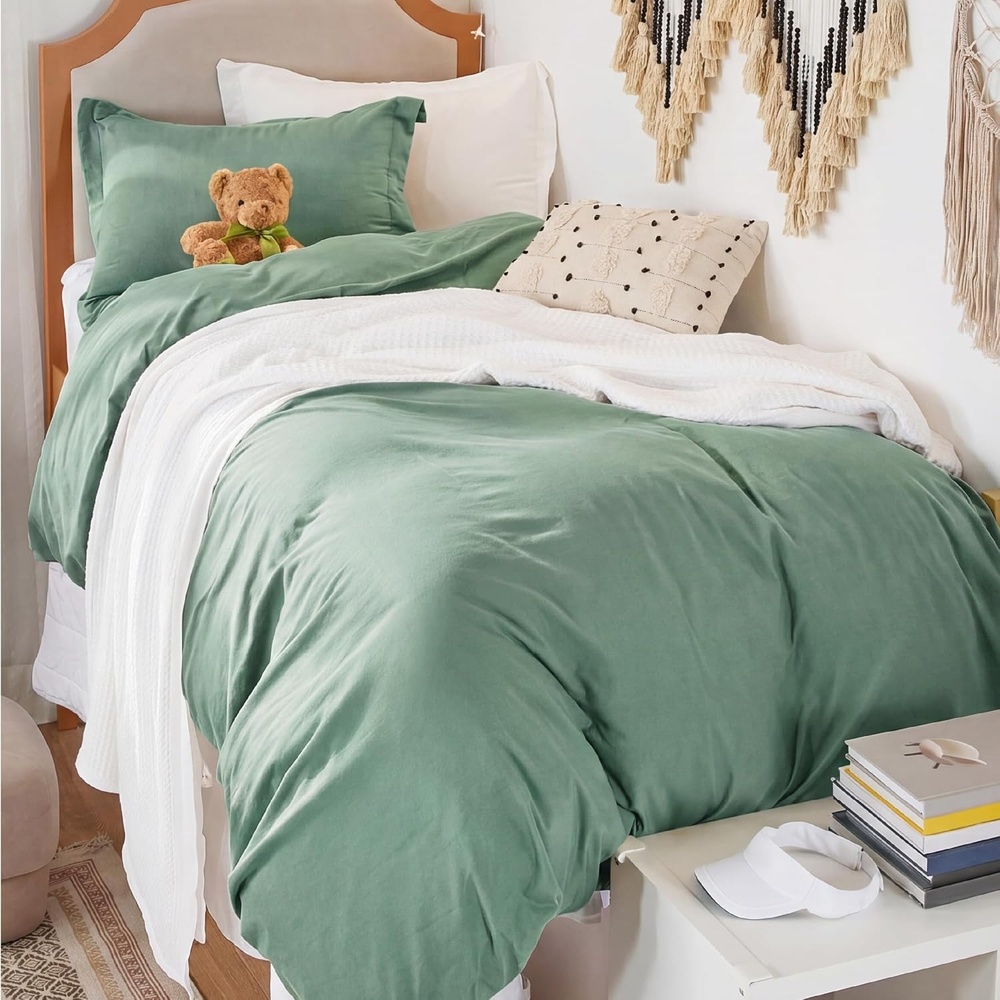 image:imageBedsure Tan Gingham Ruffle Duvet Cover SetVintage Farmhouse Bedding Queen03 Sage Green No Comforter