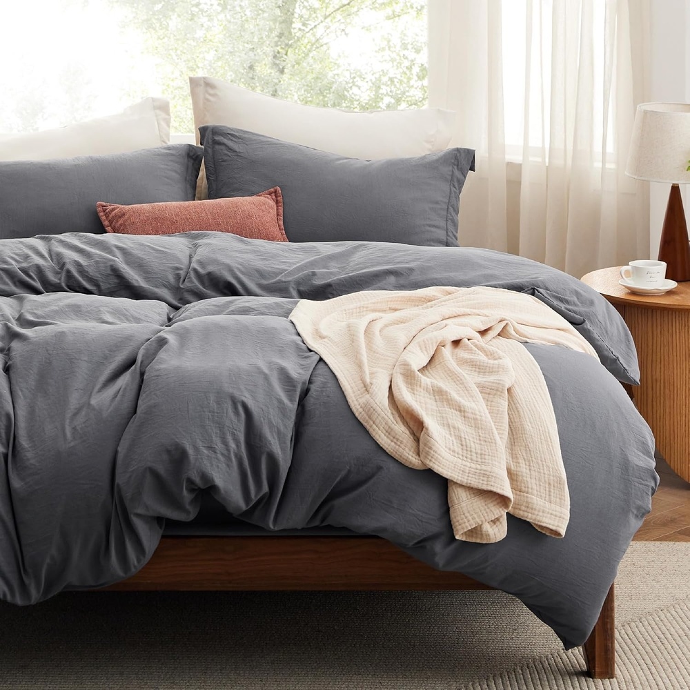 image:imageBedsure Tan Gingham Ruffle Duvet Cover SetVintage Farmhouse Bedding Queen04 Dark Grey No Comforter
