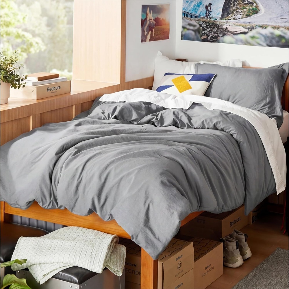 image:imageBedsure Tan Gingham Ruffle Duvet Cover SetVintage Farmhouse Bedding Queen04 Grey No Comforter