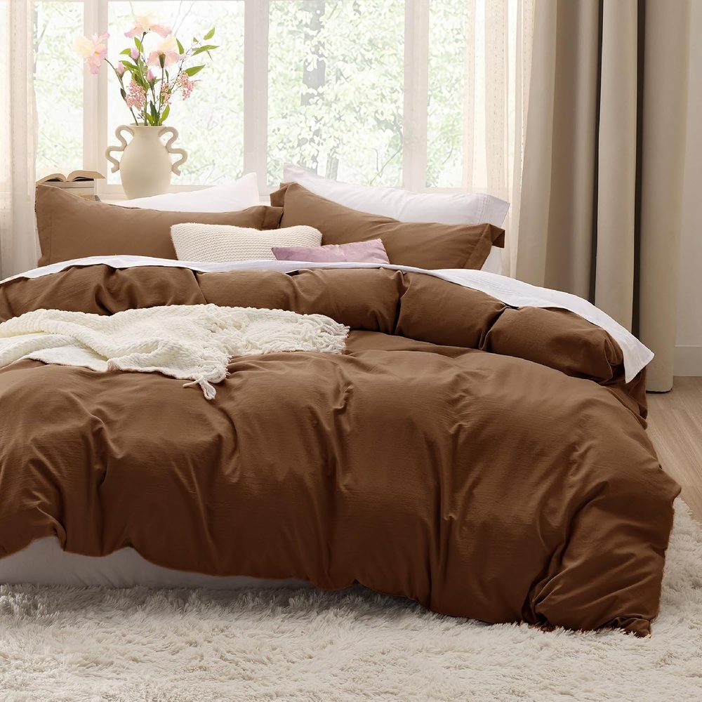 image:imageBedsure Tan Gingham Ruffle Duvet Cover SetVintage Farmhouse Bedding Queen19 Chocolate Brown No Comforter