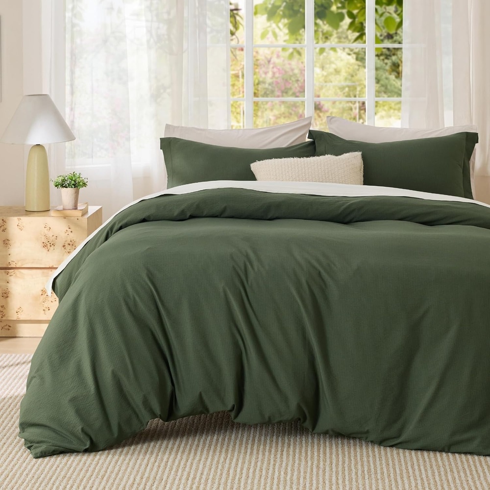 image:imageBedsure Tan Gingham Ruffle Duvet Cover SetVintage Farmhouse Bedding Queen21 Olive Green No Comforter