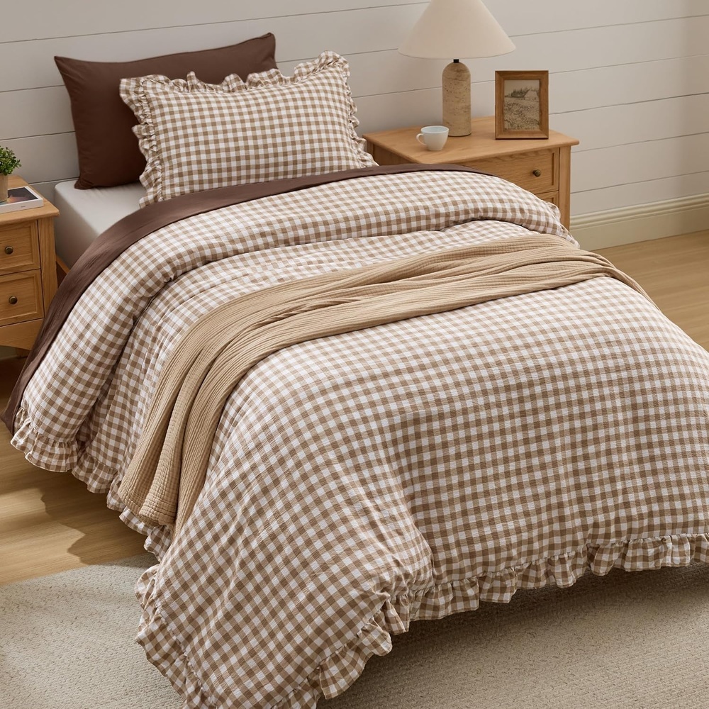 image:imageBedsure Tan Gingham Ruffle Duvet Cover SetVintage Farmhouse Bedding Queen24 Tan Gingham
