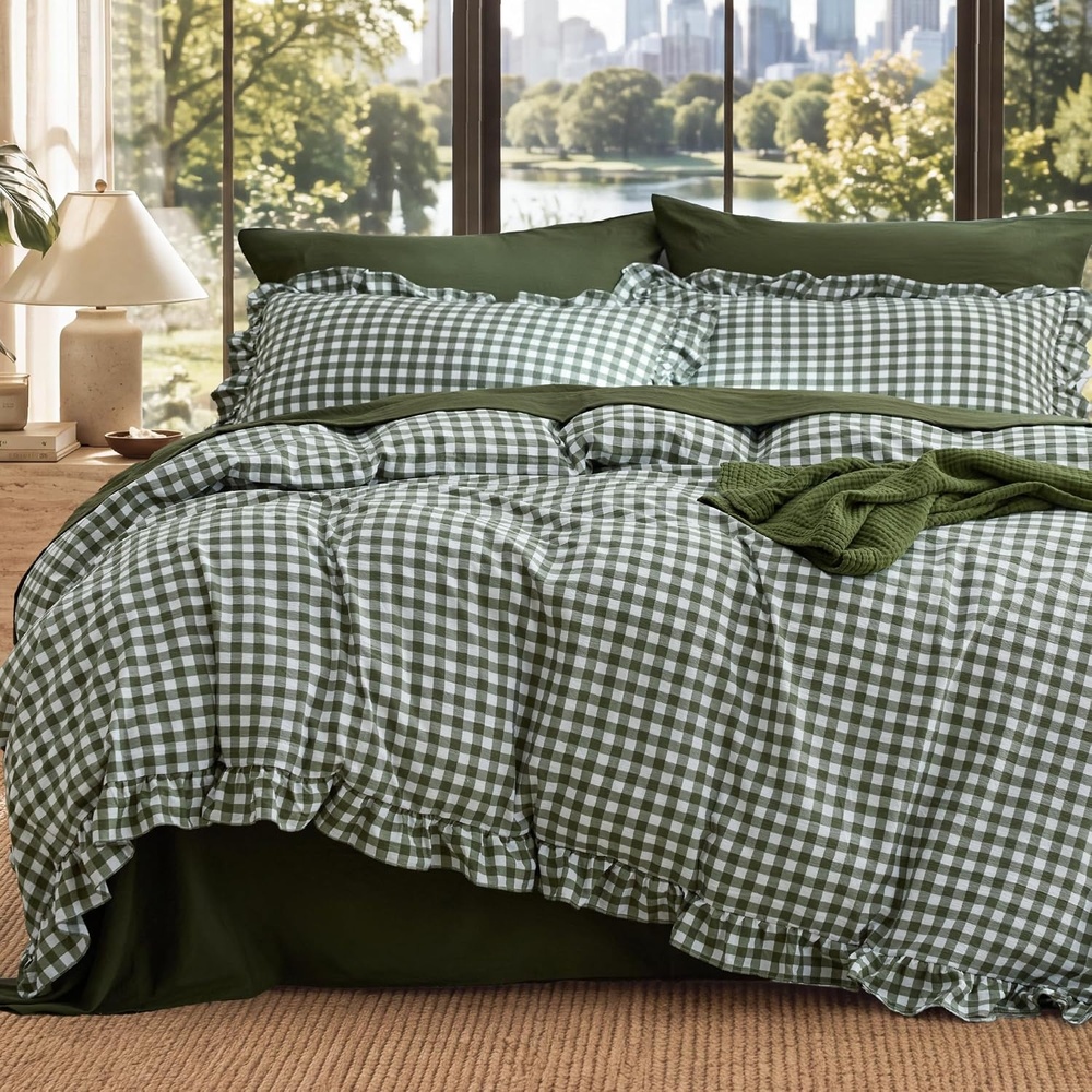 image:imageBedsure Tan Gingham Ruffle Duvet Cover SetVintage Farmhouse Bedding Queen25 Olive Green Gingham