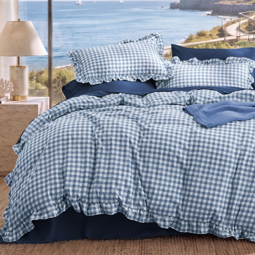 image:imageBedsure Tan Gingham Ruffle Duvet Cover SetVintage Farmhouse Bedding Queen26 Blue Gingham