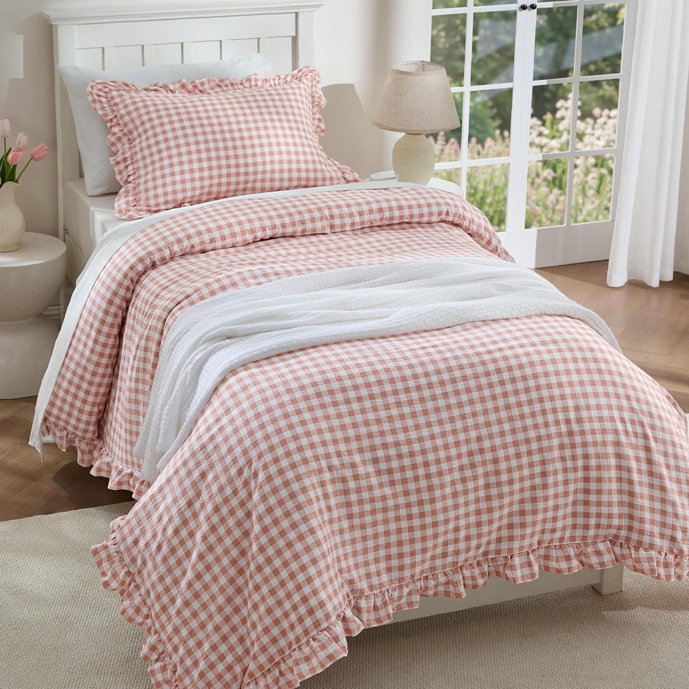 image:imageBedsure Tan Gingham Ruffle Duvet Cover SetVintage Farmhouse Bedding Queen27 Pink Gingham