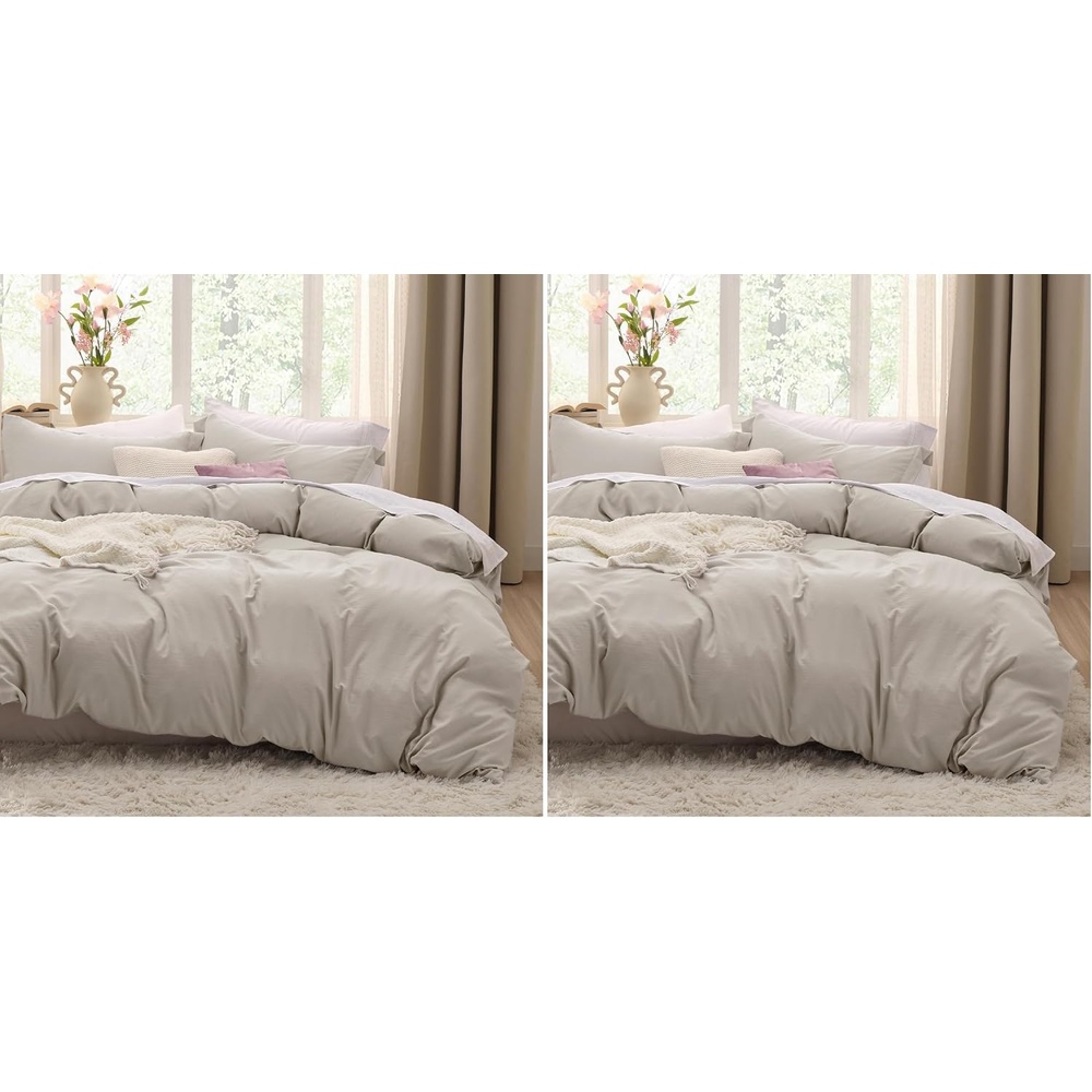 image:imageBedsure Tan Gingham Ruffle Duvet Cover SetVintage Farmhouse Bedding QueenBeige