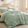 Bedsure Checkered Boho Duvet Cover Queen, Tufted Embroidery, 3-Piece,Beige(14 – Light Green – Elegant (No Comforter))