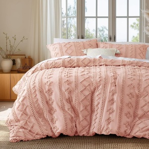 Bedsure Checkered Boho Duvet Cover Queen, Tufted Embroidery, 3-Piece,Beige(08 – Light Pink – Elegant (No Comforter))