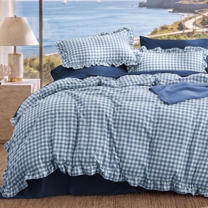 Bedsure Tan Gingham Ruffle Duvet Cover Set,Vintage Farmhouse Bedding, Queen(26 – Blue Gingham)