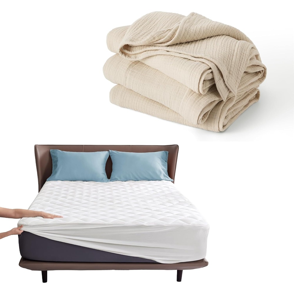 image:imageBedsure King Size 100 Cotton Muslin Blanket Linen Beige Twin XL Mattress Protector