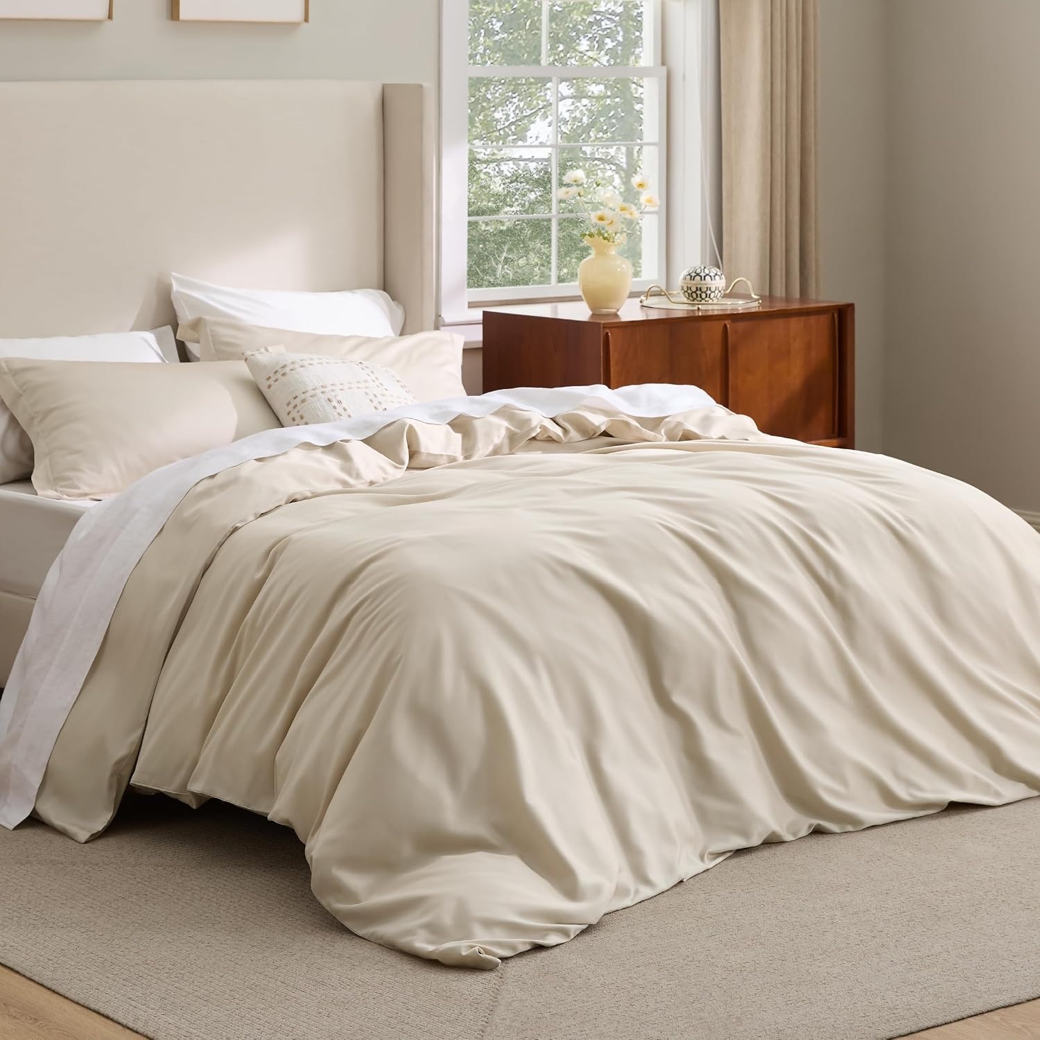 image:imageBedsure Beige Queen Duvet Cover Cooling Lyocell Cotton Blend Bedding Set02 Beige No Comforter