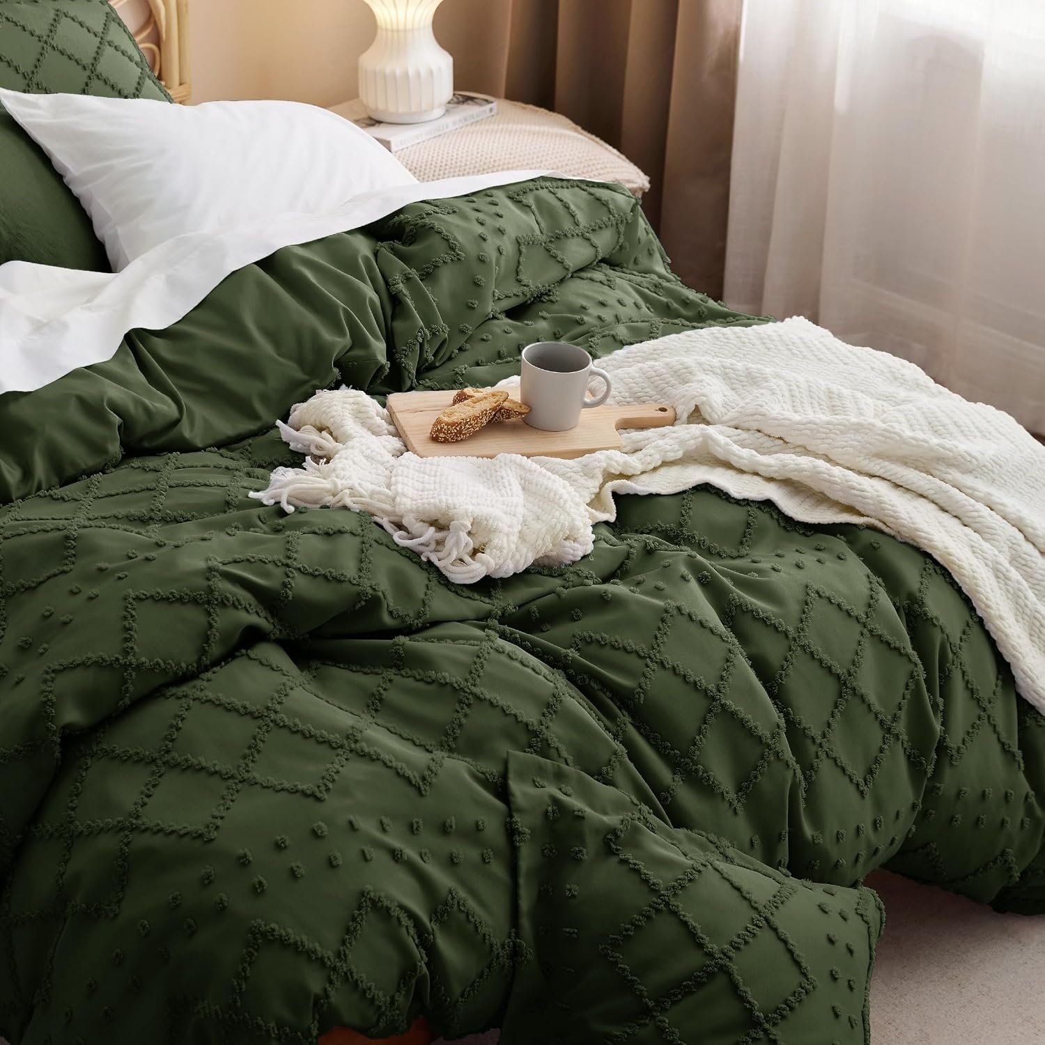 image:imageBedsure Light Pink Boho Duvet Cover Queen Soft Vintage Embroidery03 Olive Green