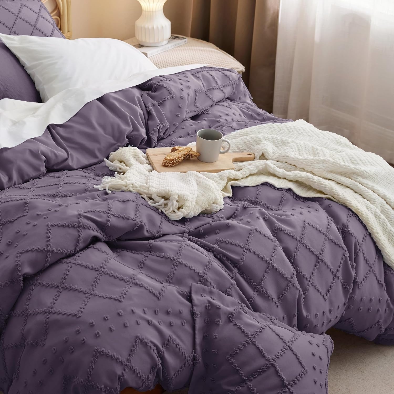 image:imageBedsure Light Pink Boho Duvet Cover Queen Soft Vintage Embroidery05 Grayish Purple