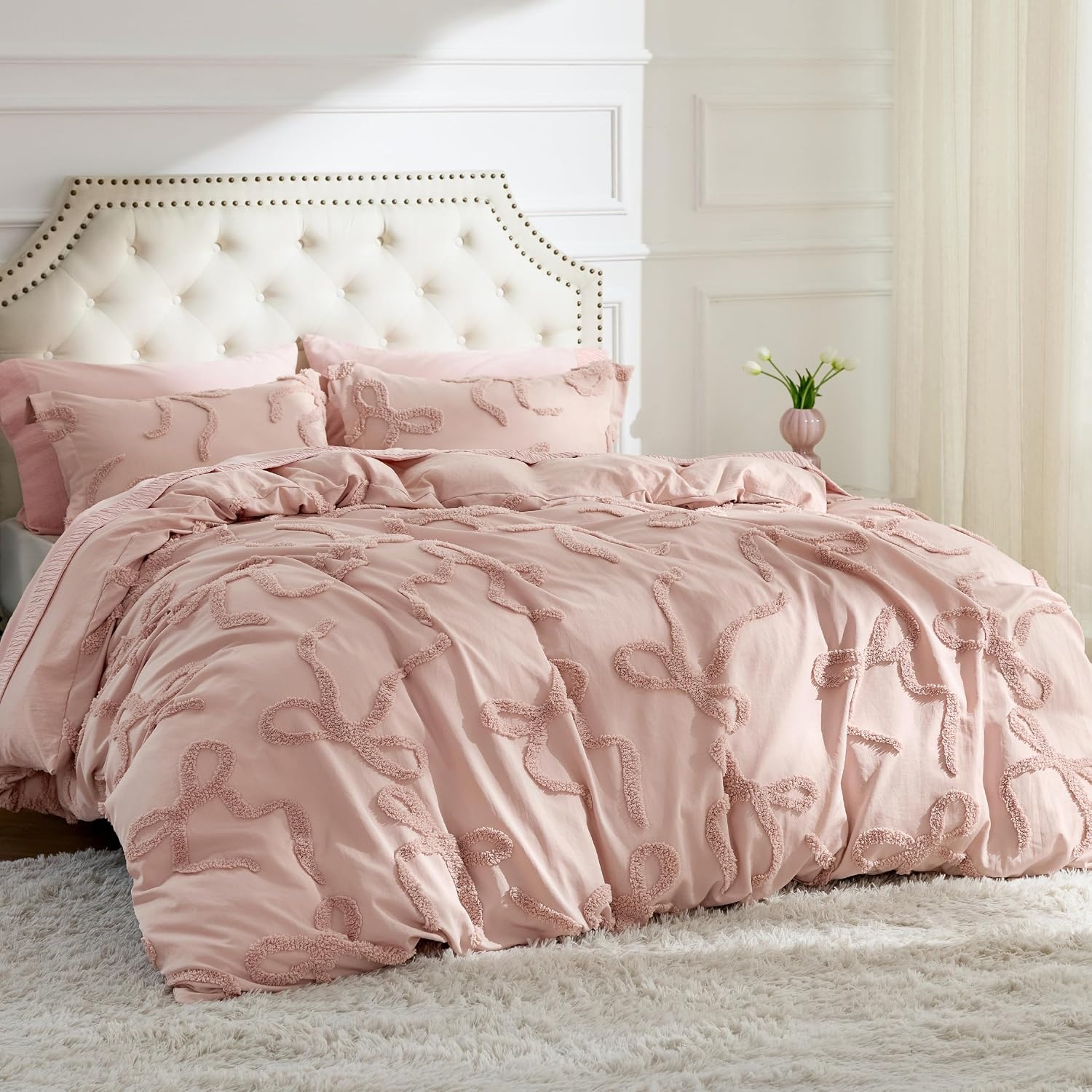 image:imageBedsure Light Pink Boho Duvet Cover Queen Soft Vintage Embroidery08 Rose Pink