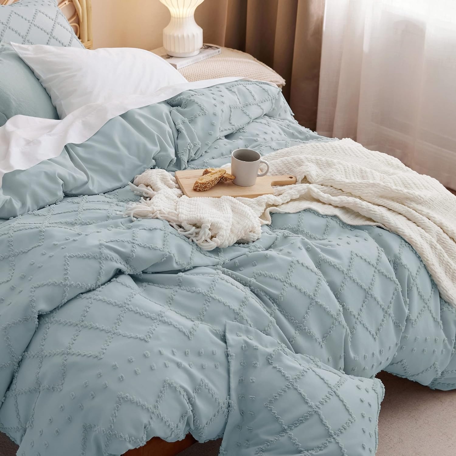 image:imageBedsure Light Pink Boho Duvet Cover Queen Soft Vintage Embroidery11 Dusty Blue