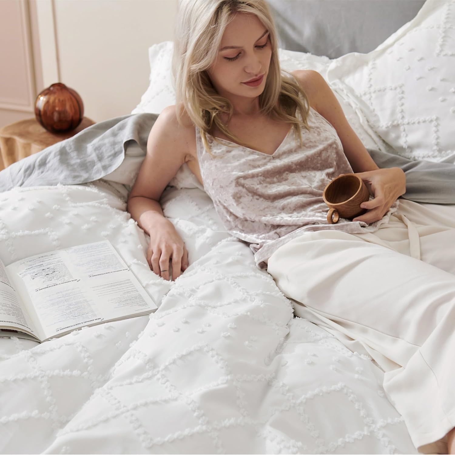 image:imageBedsure Light Pink Boho Duvet Cover Queen Soft Vintage Embroidery12 Mineral Blue