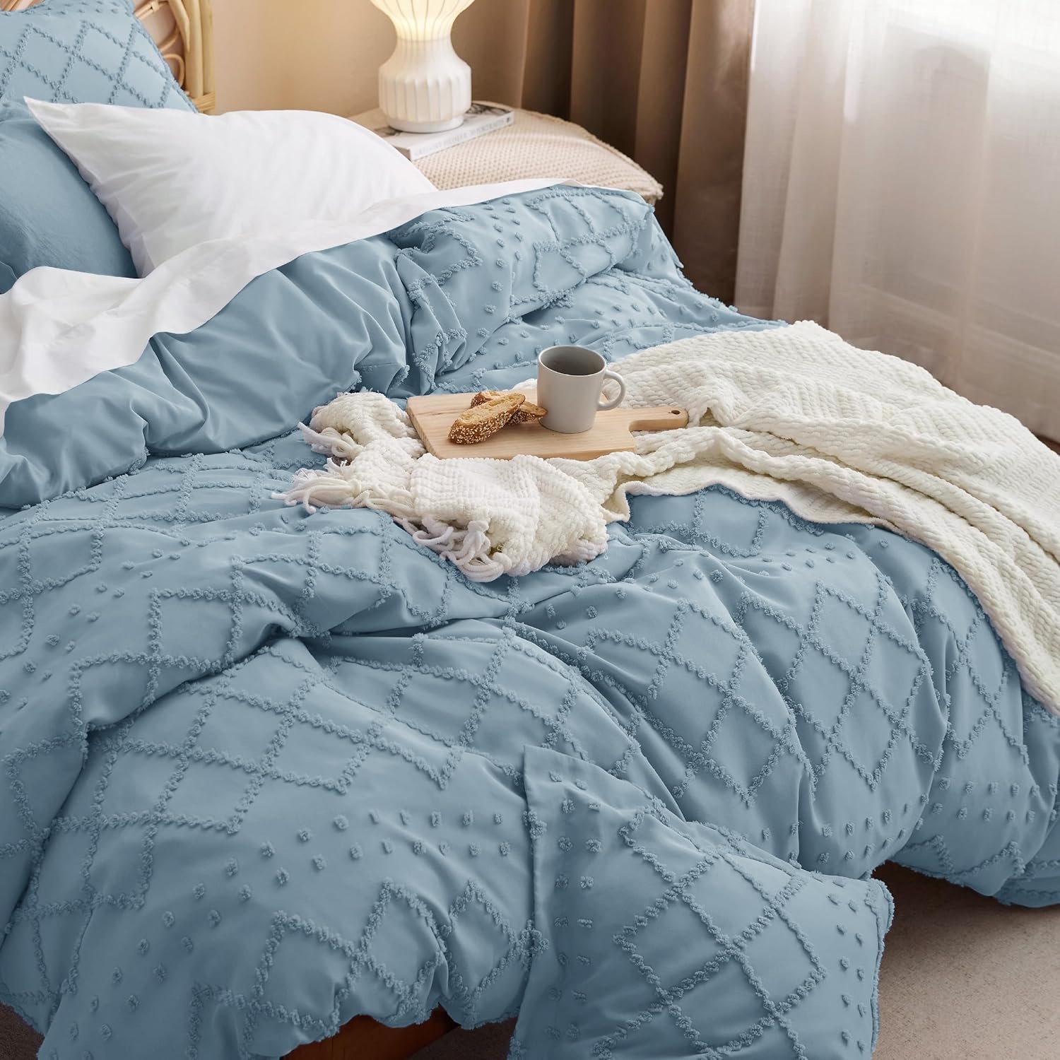 image:imageBedsure Light Pink Boho Duvet Cover Queen Soft Vintage Embroidery12 Mineral Blue
