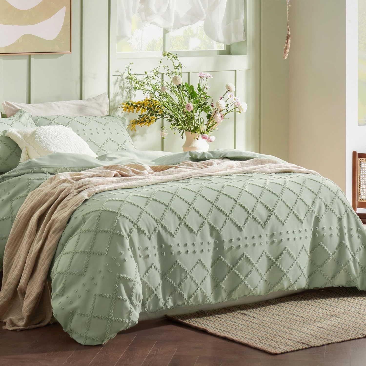 image:imageBedsure Light Pink Boho Duvet Cover Queen Soft Vintage Embroidery13 Sage Green