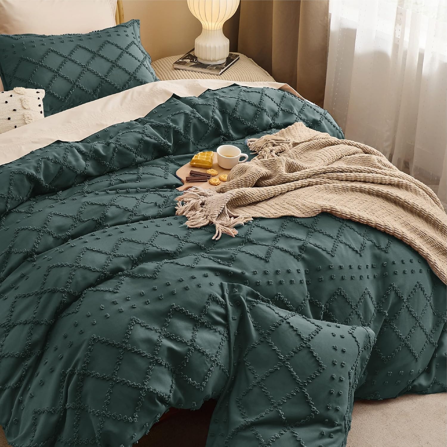image:imageBedsure Light Pink Boho Duvet Cover Queen Soft Vintage Embroidery15 Forest Green