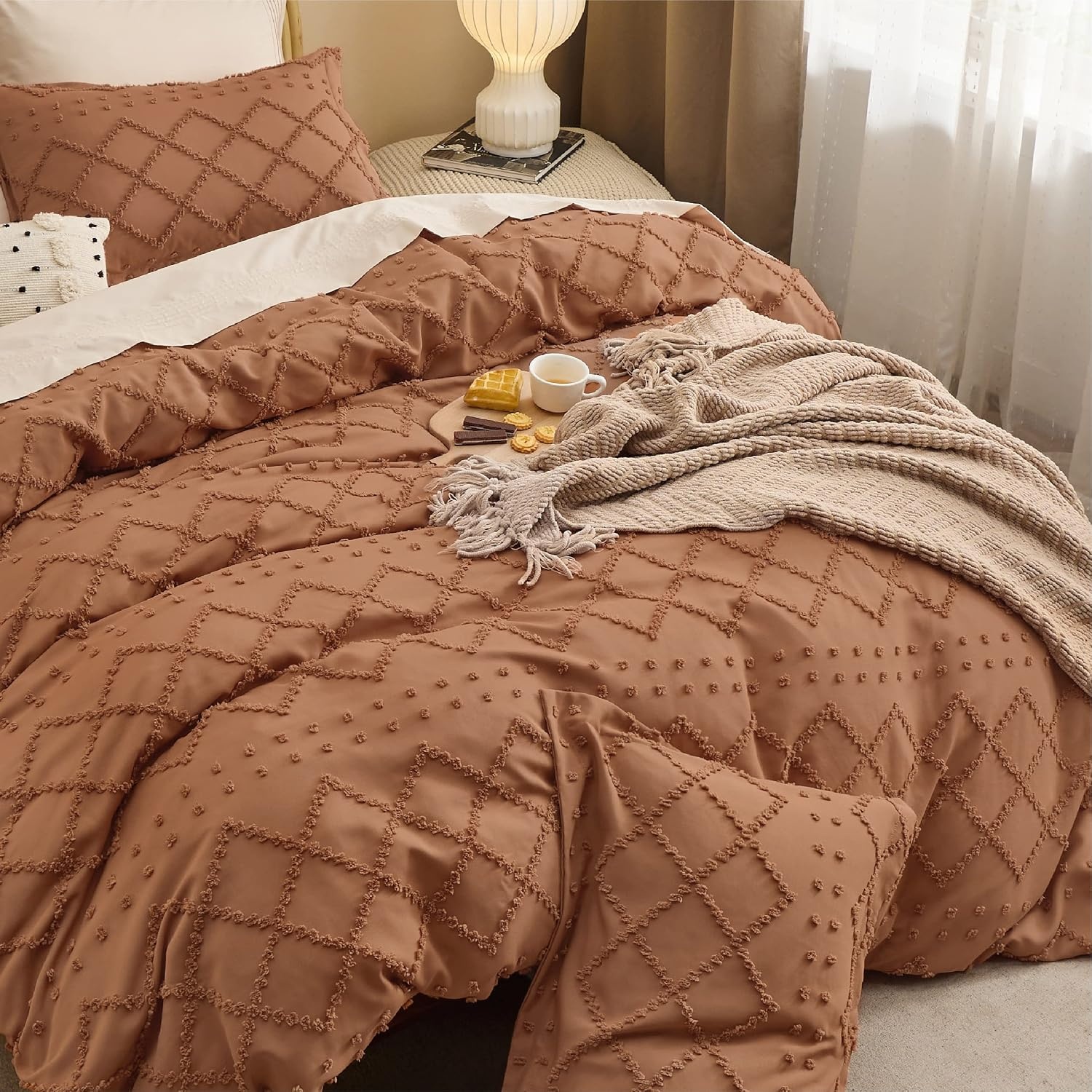 image:imageBedsure Light Pink Boho Duvet Cover Queen Soft Vintage Embroidery18 Burnt Orange