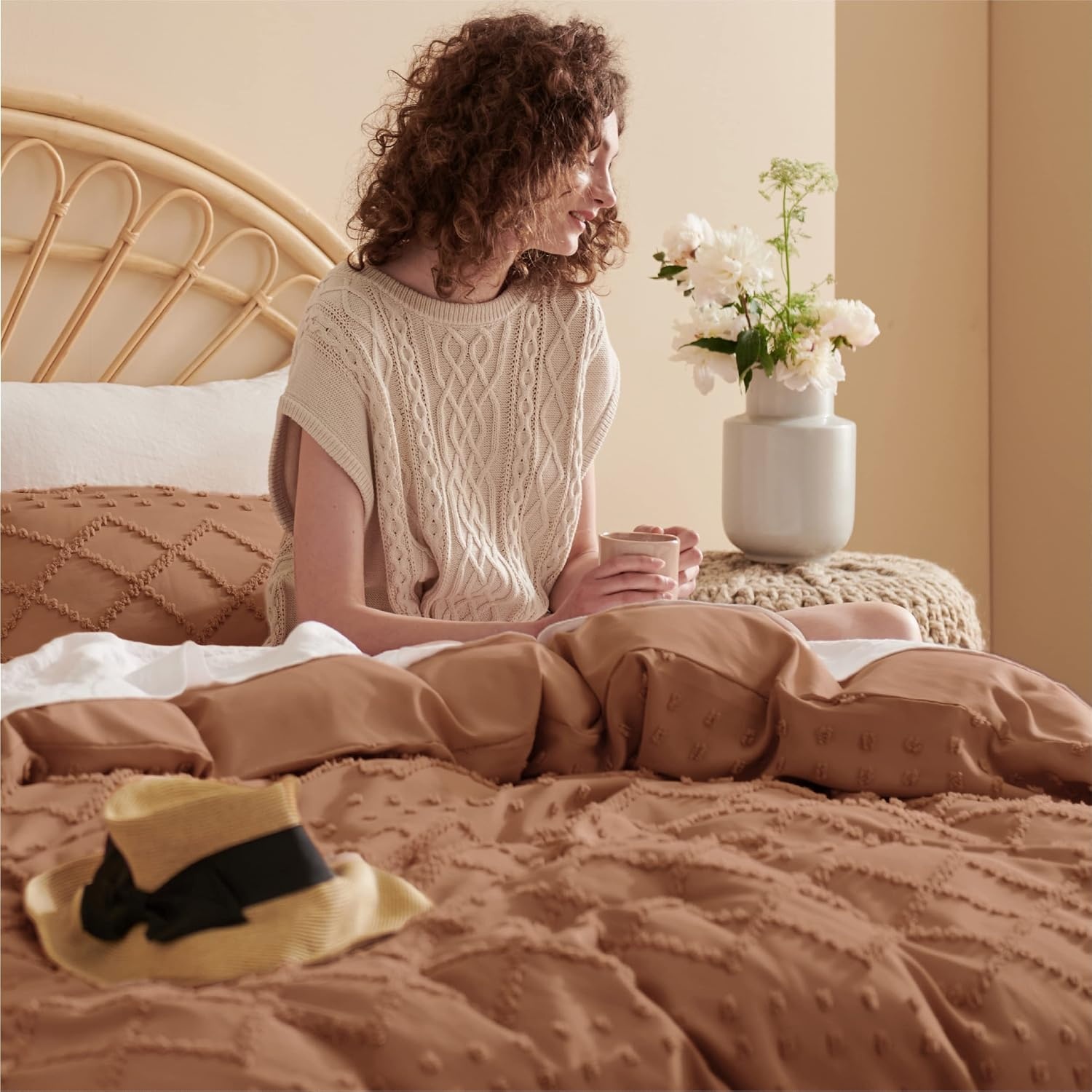 image:imageBedsure Light Pink Boho Duvet Cover Queen Soft Vintage Embroidery18 Burnt Orange