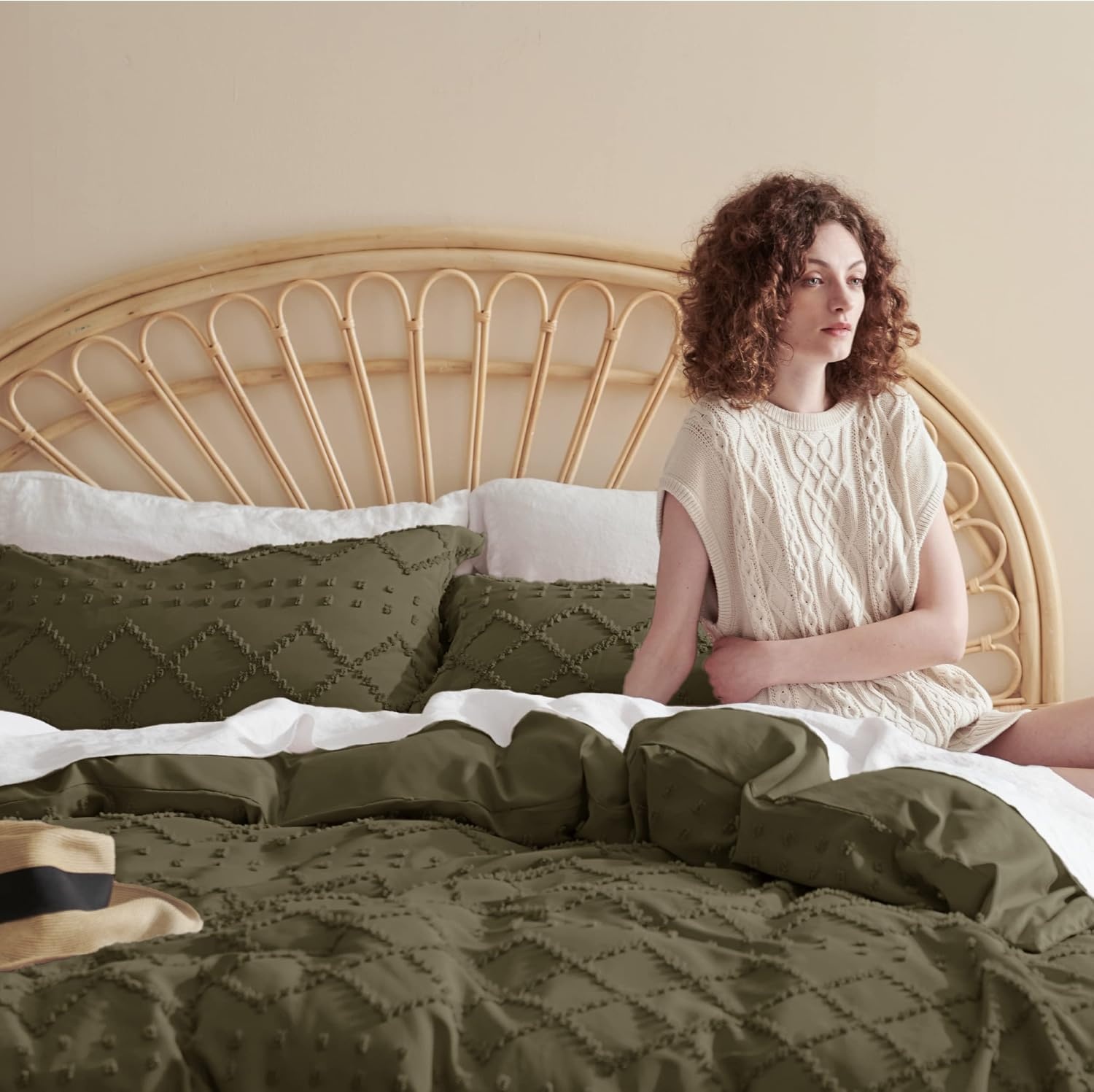 image:imageBedsure Light Pink Boho Duvet Cover Queen Soft Vintage Embroidery23 Dark Green