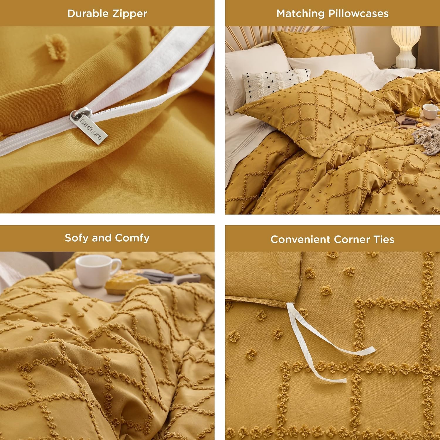 image:imageBedsure Light Pink Boho Duvet Cover Queen Soft Vintage Embroidery24 Mustard Yellow