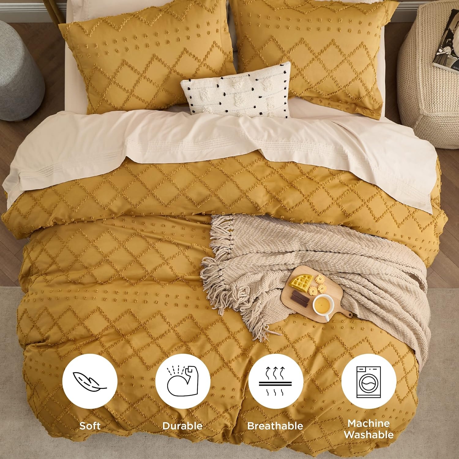 image:imageBedsure Light Pink Boho Duvet Cover Queen Soft Vintage Embroidery24 Mustard Yellow