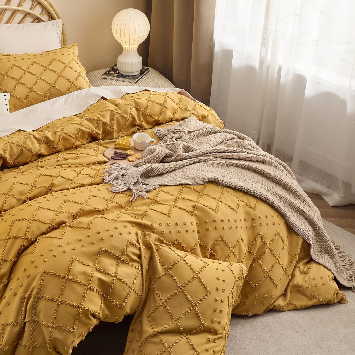 image:imageBedsure Light Pink Boho Duvet Cover Queen Soft Vintage Embroidery24 Mustard Yellow