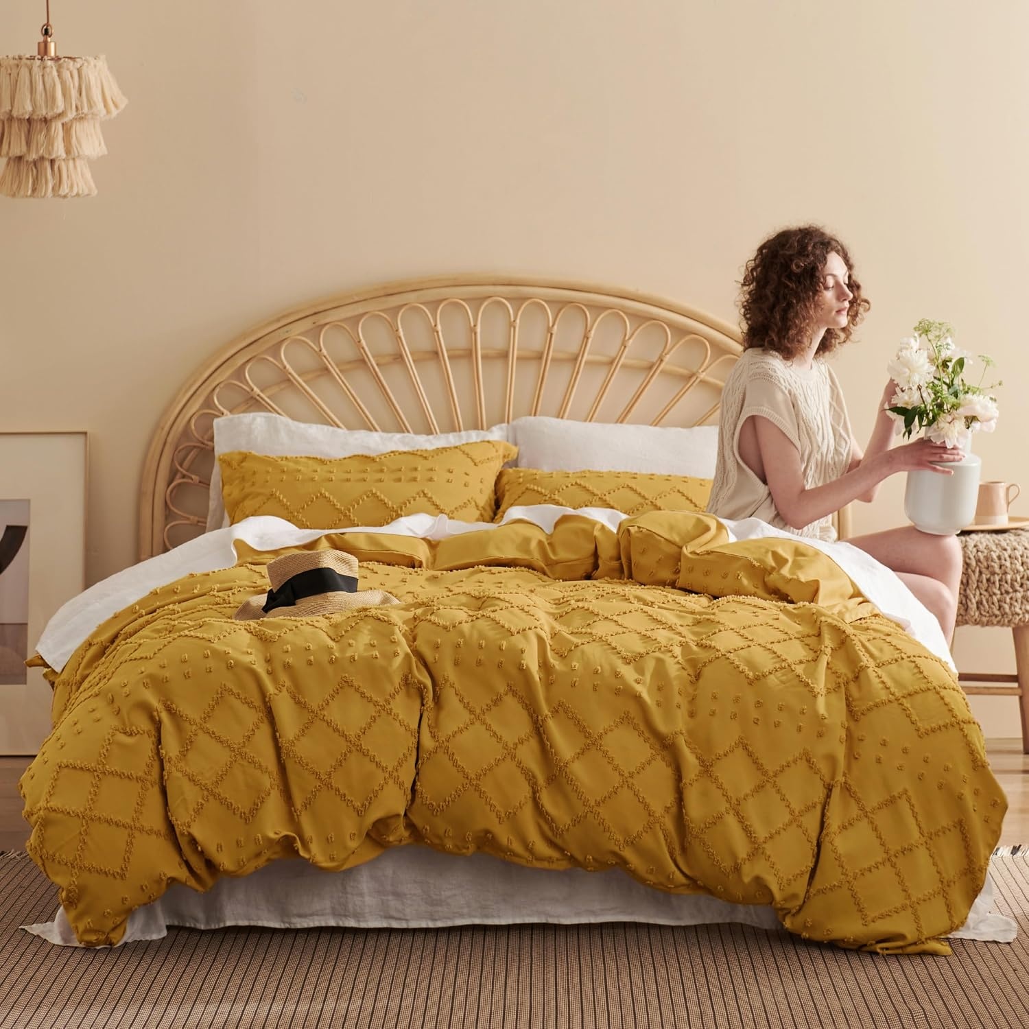 image:imageBedsure Light Pink Boho Duvet Cover Queen Soft Vintage Embroidery24 Mustard Yellow