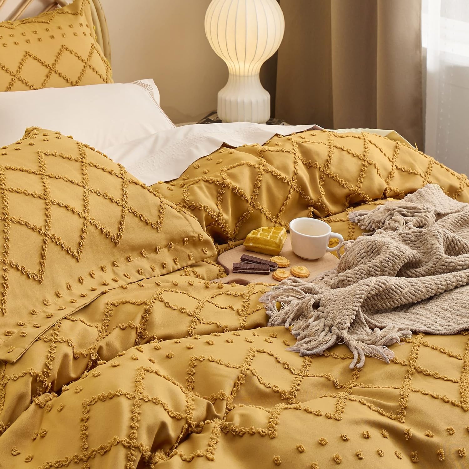 image:imageBedsure Light Pink Boho Duvet Cover Queen Soft Vintage Embroidery24 Mustard Yellow