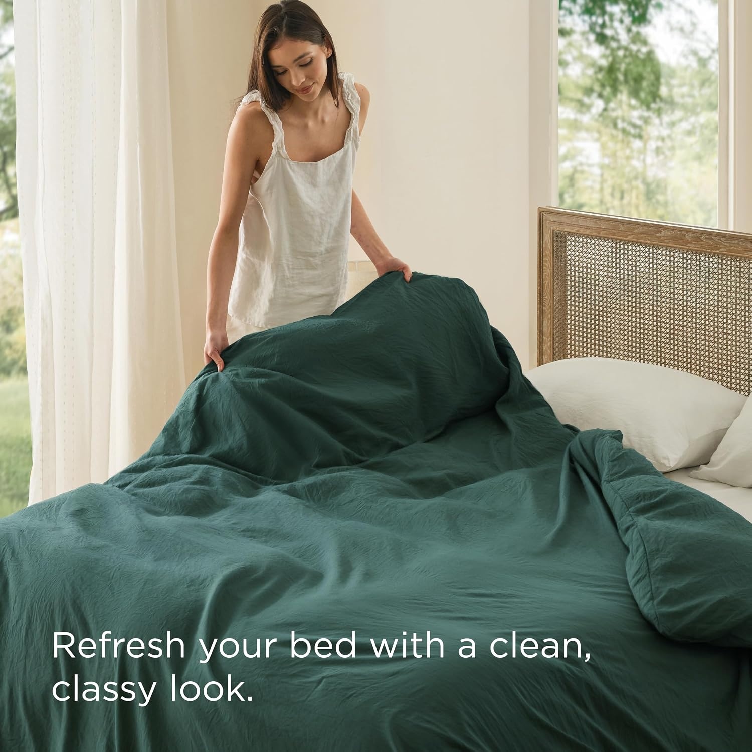 image:imageBedsure Prewashed Duvet Cover Only CottonLike Feel White Queen04 Forest Green Only Duvet Cover