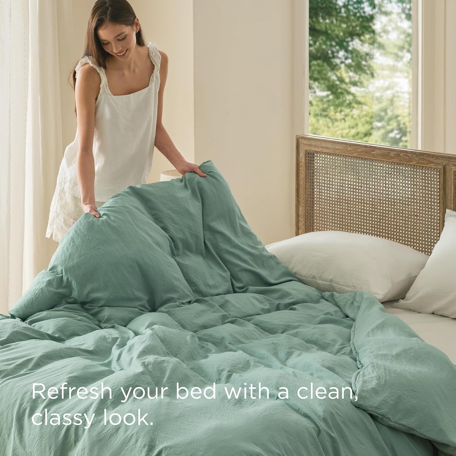 image:imageBedsure Prewashed Duvet Cover Only CottonLike Feel White Queen04 Sage Green Only Duvet Cover