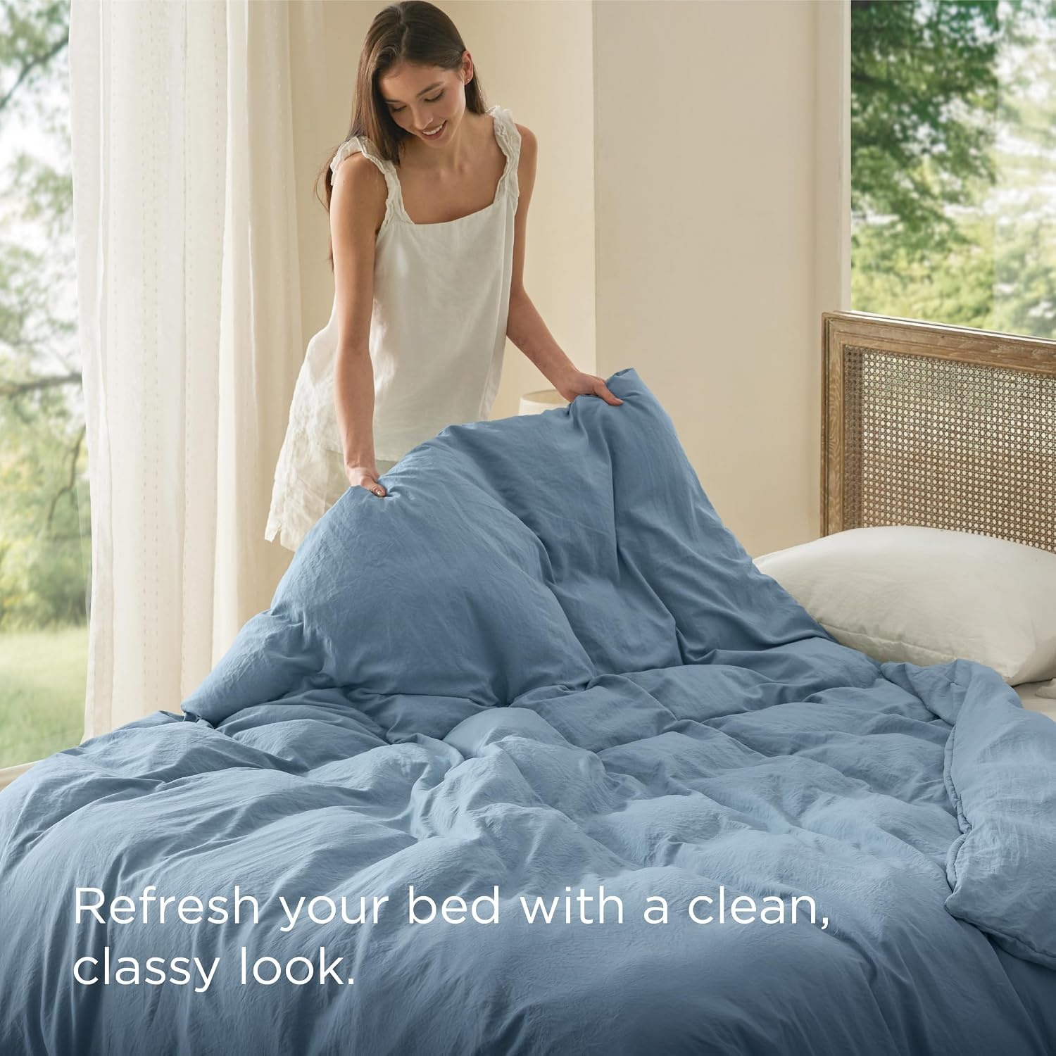 image:imageBedsure Prewashed Duvet Cover Only CottonLike Feel White Queen05 Dusty Blue Only Duvet Cover