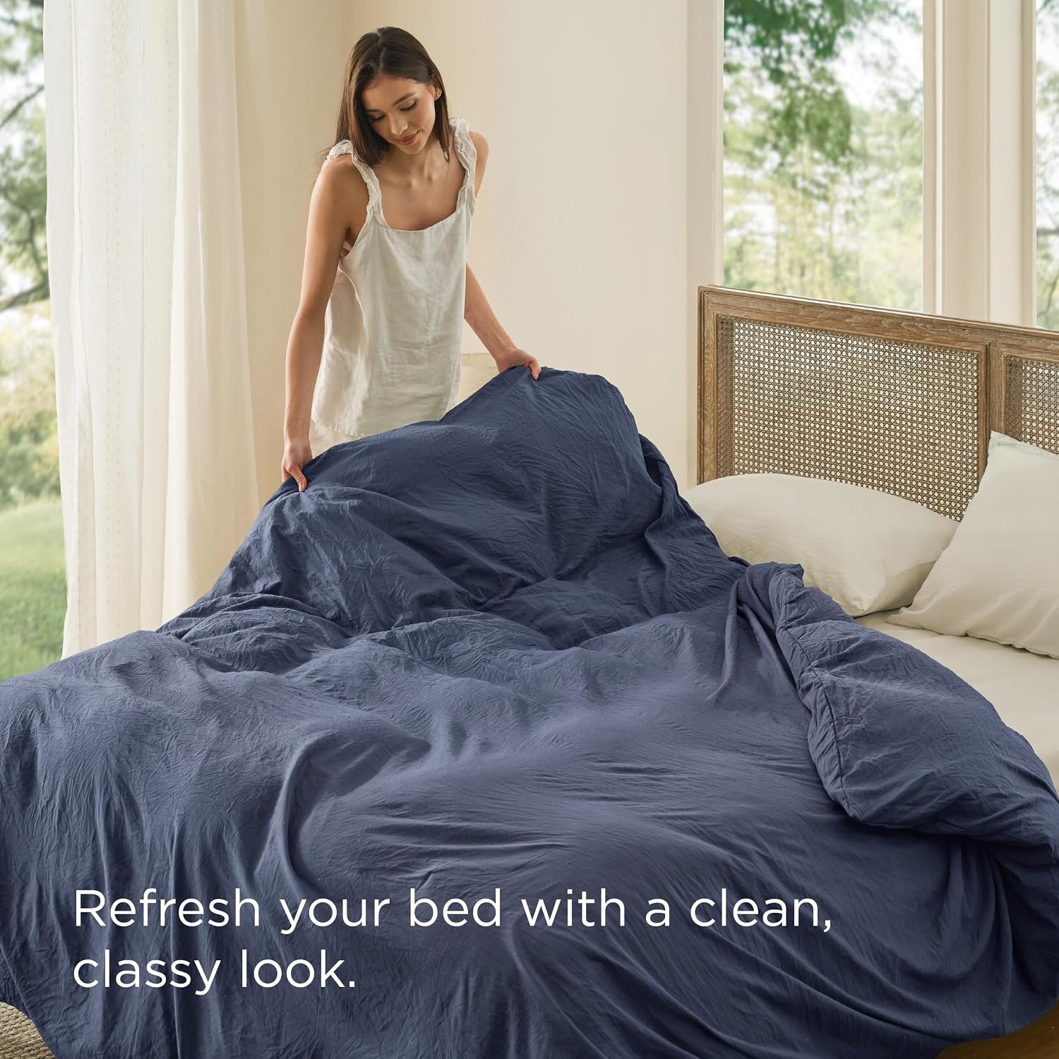 image:imageBedsure Prewashed Duvet Cover Only CottonLike Feel White Queen05 Navy Only Duvet Cover