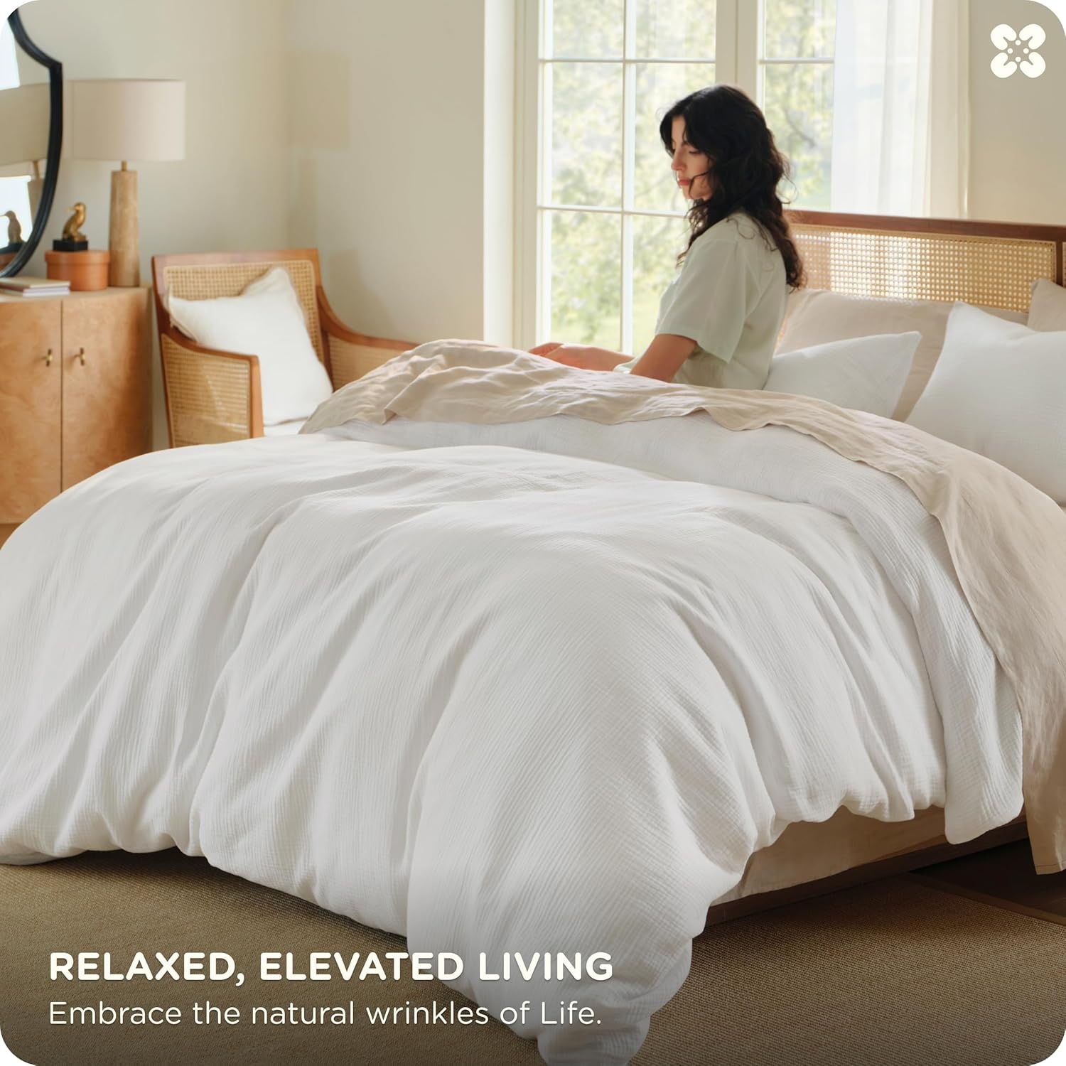 image:imageBedsure PureWoven 100 Cotton Muslin Duvet Cover Queen Gauze Bedding Set02 3layer Gauze Bright White No Comforter