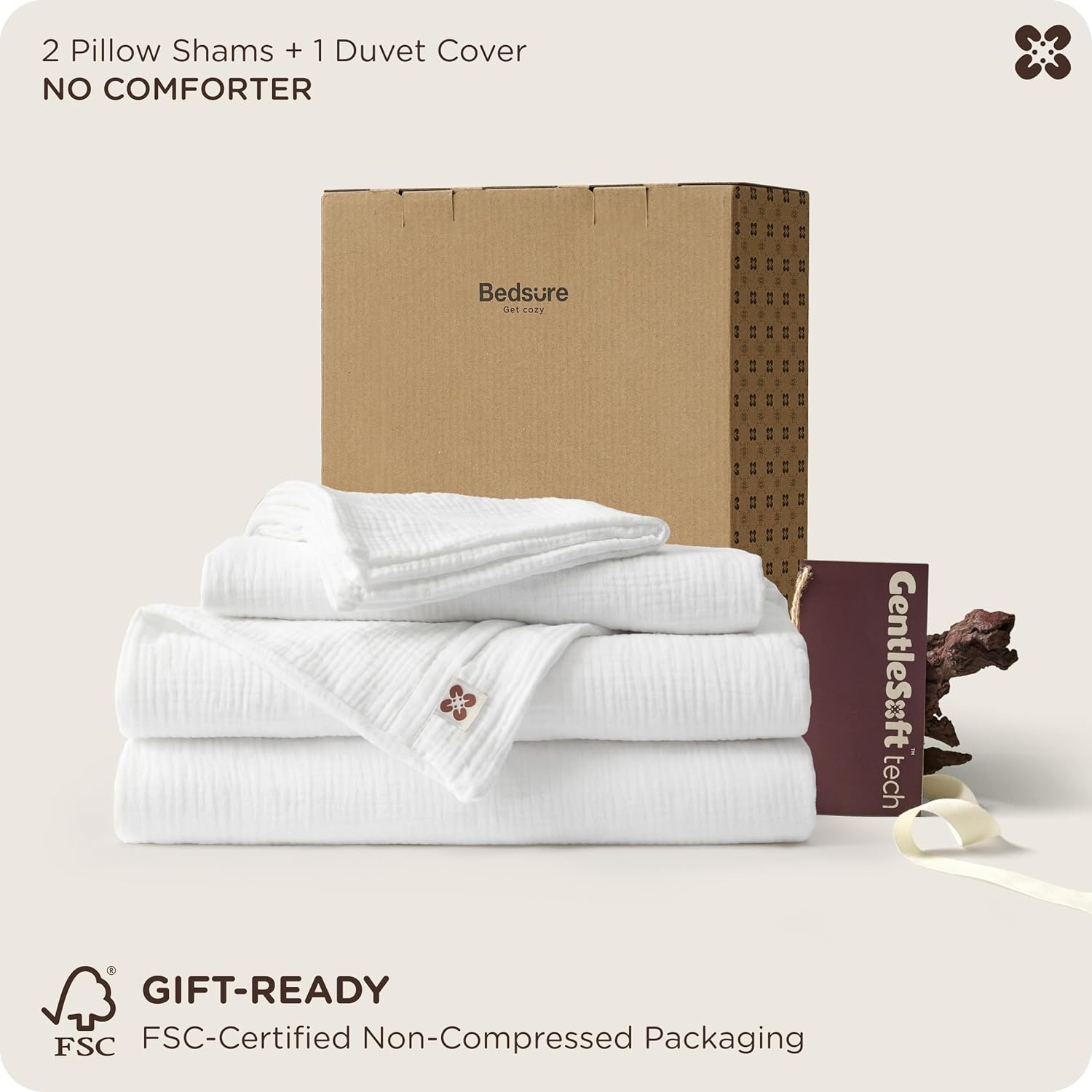 image:imageBedsure PureWoven 100 Cotton Muslin Duvet Cover Queen Gauze Bedding Set02 3layer Gauze Bright White No Comforter