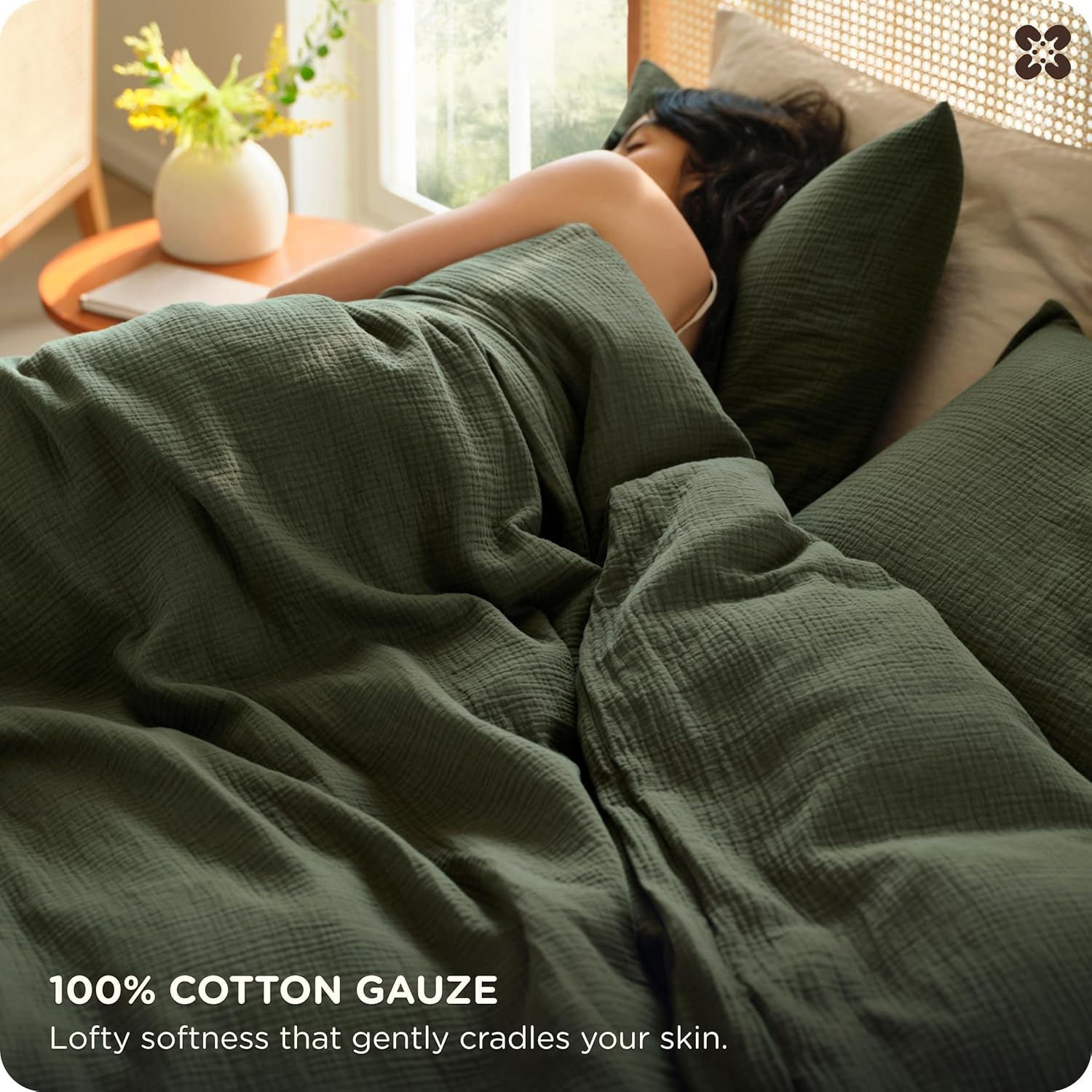 image:imageBedsure PureWoven 100 Cotton Muslin Duvet Cover Queen Gauze Bedding Set03 3layer Gauze Olive Green No Comforter