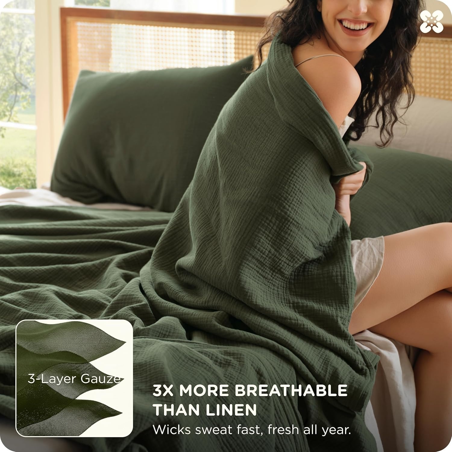 image:imageBedsure PureWoven 100 Cotton Muslin Duvet Cover Queen Gauze Bedding Set03 3layer Gauze Olive Green No Comforter