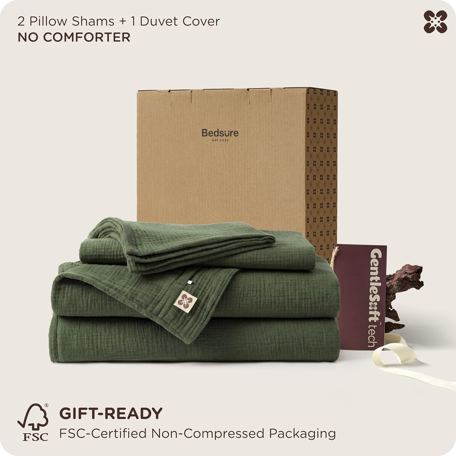 image:imageBedsure PureWoven 100 Cotton Muslin Duvet Cover Queen Gauze Bedding Set03 3layer Gauze Olive Green No Comforter