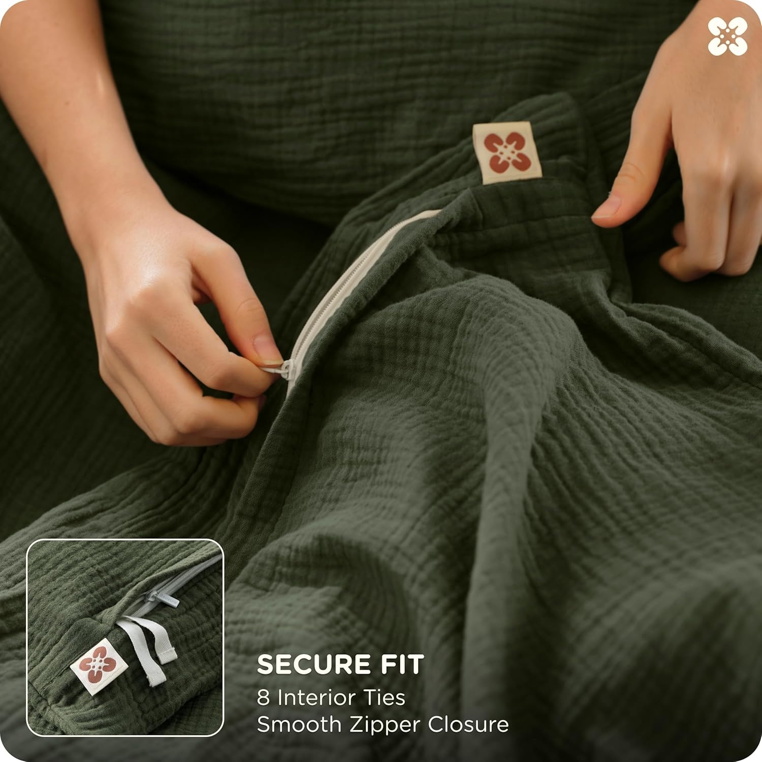 image:imageBedsure PureWoven 100 Cotton Muslin Duvet Cover Queen Gauze Bedding Set03 3layer Gauze Olive Green No Comforter