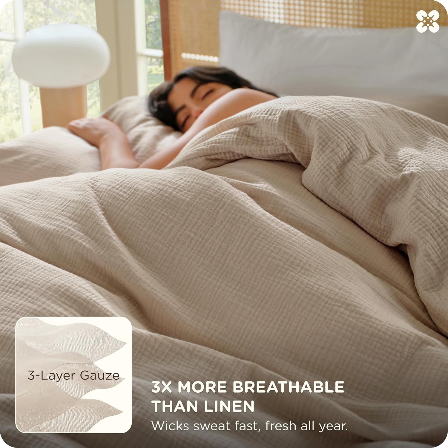 image:imageBedsure PureWoven 100 Cotton Muslin Duvet Cover Queen Gauze Bedding Set04 3layer Gauze Light Brown No Comforter