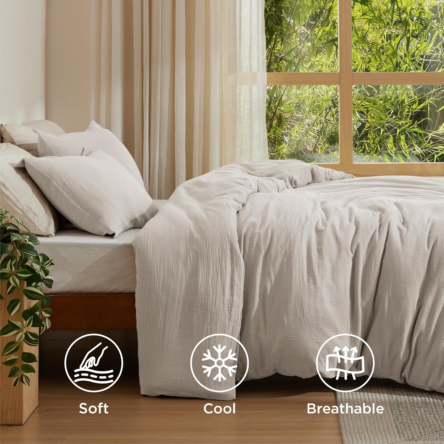 image:imageBedsure PureWoven 100 Cotton Muslin Duvet Cover Queen Gauze Bedding Set06 Cooling Muslin Oat Milk No Comforter
