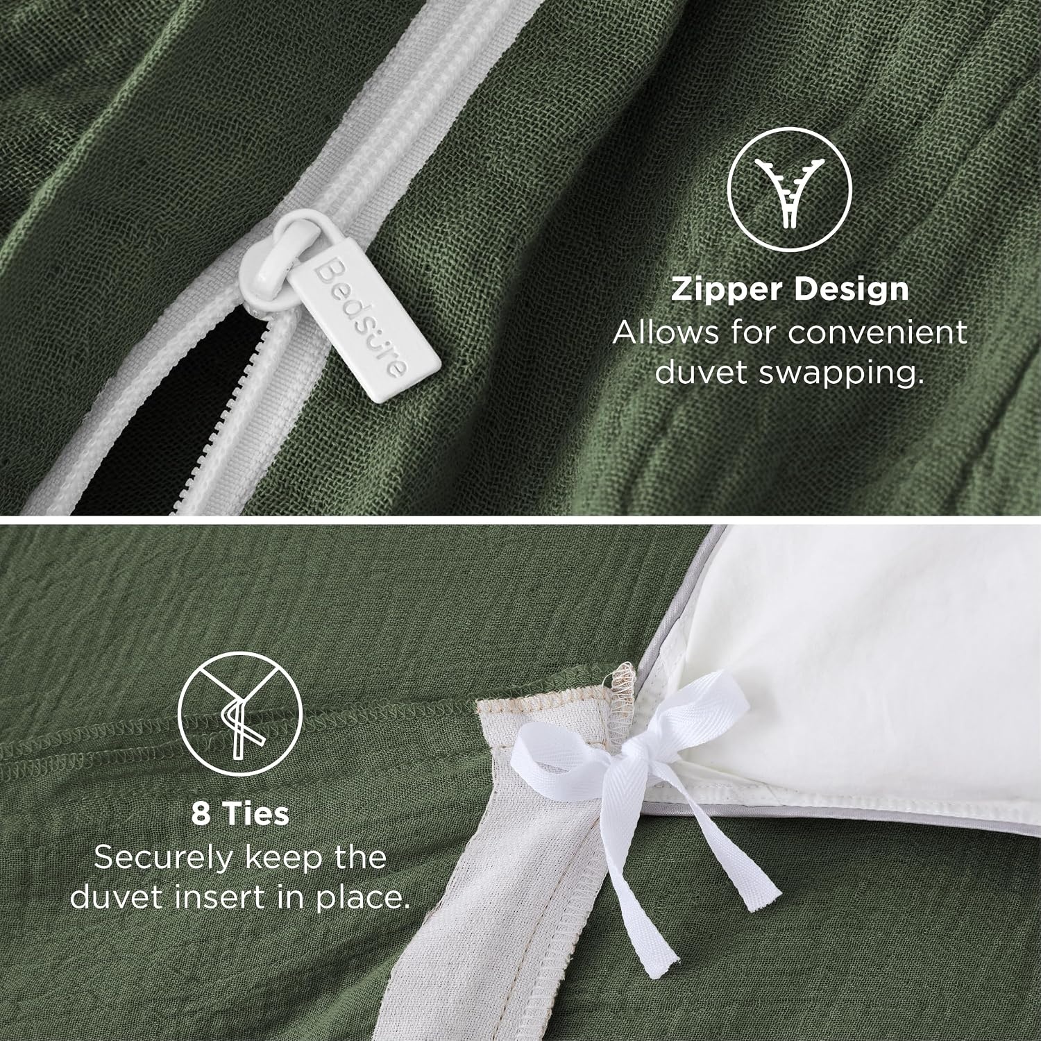 image:imageBedsure PureWoven 100 Cotton Muslin Duvet Cover Queen Gauze Bedding Set07 Cooling Muslin Olive Green No Comforter