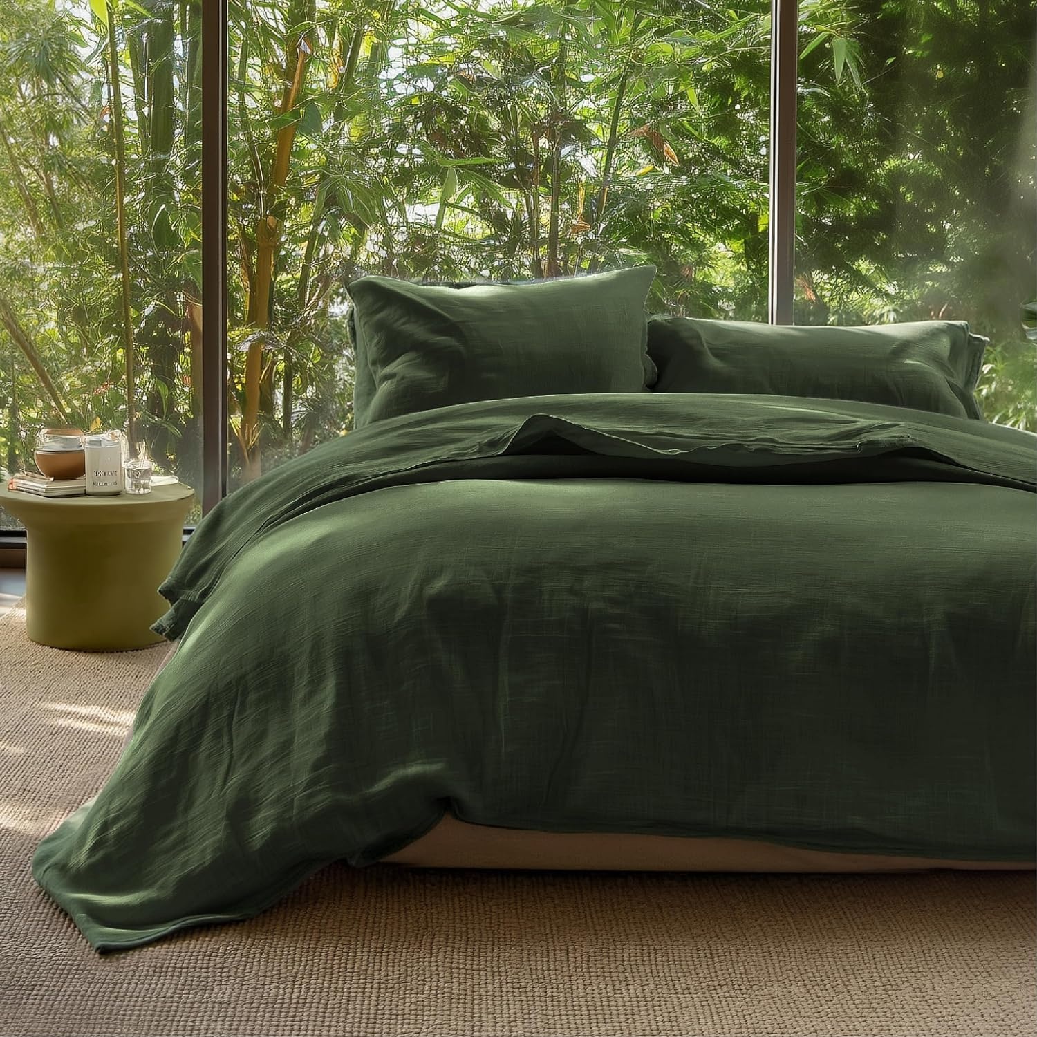 image:imageBedsure PureWoven 100 Cotton Muslin Duvet Cover Queen Gauze Bedding Set07 Cooling Muslin Olive Green No Comforter