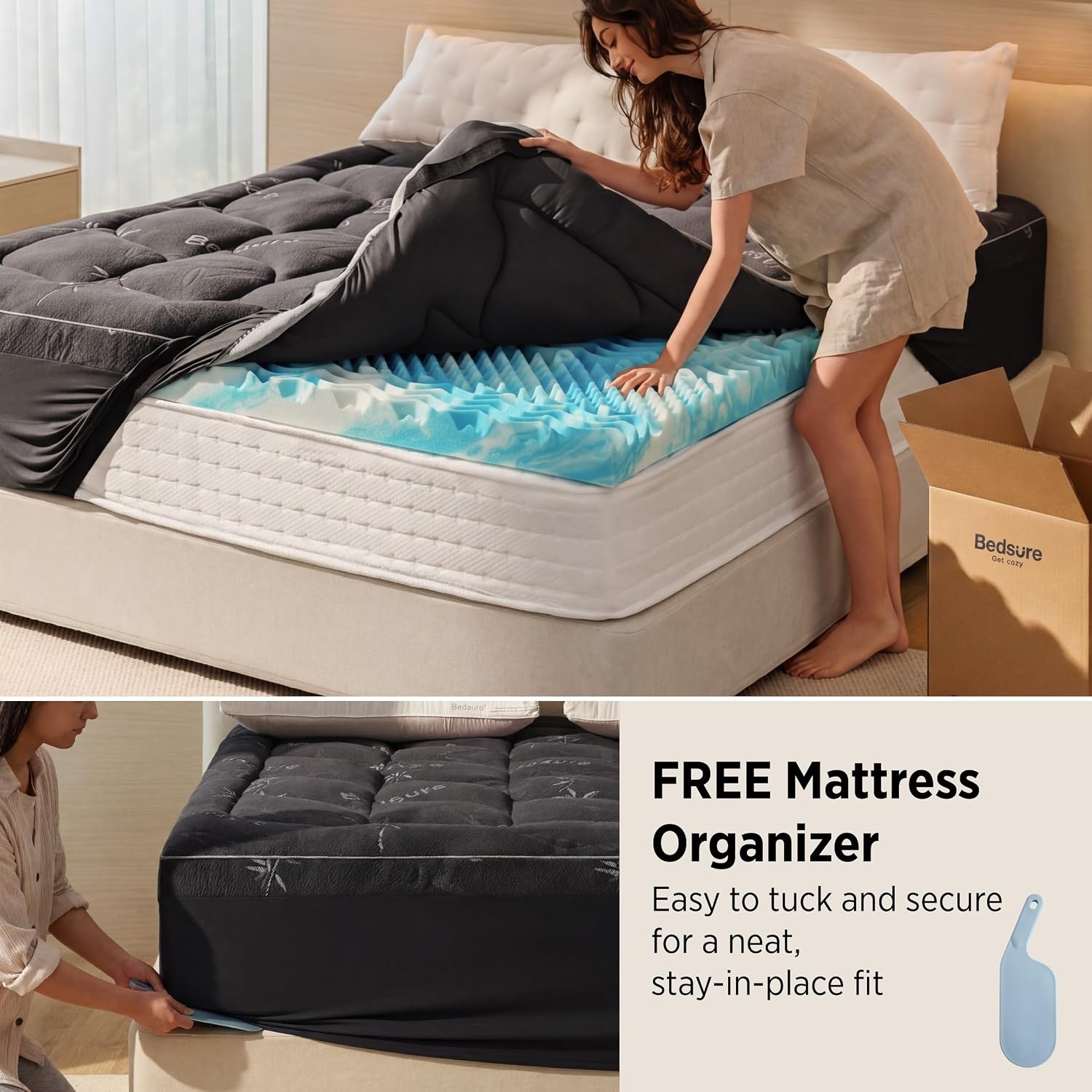 image:imageBedsure SingleLayer 2 Inch Twin XL Mattress Topper Viscose Made from Bamboo Mattress Topper Pad Breathable amp Pressure Relief BlackKing