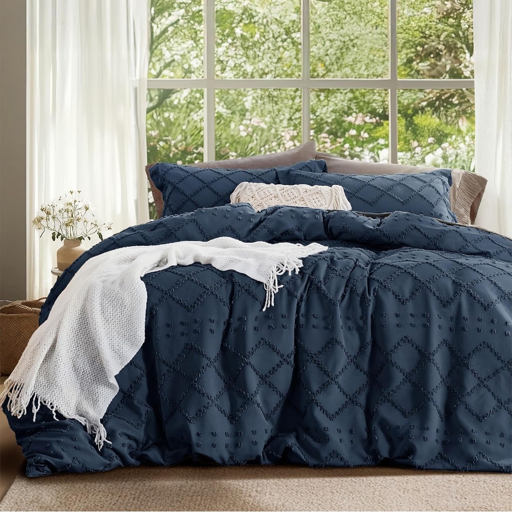 image:imageBedsure Light Pink Boho Duvet Cover Queen Soft Vintage Embroidery02 Navy