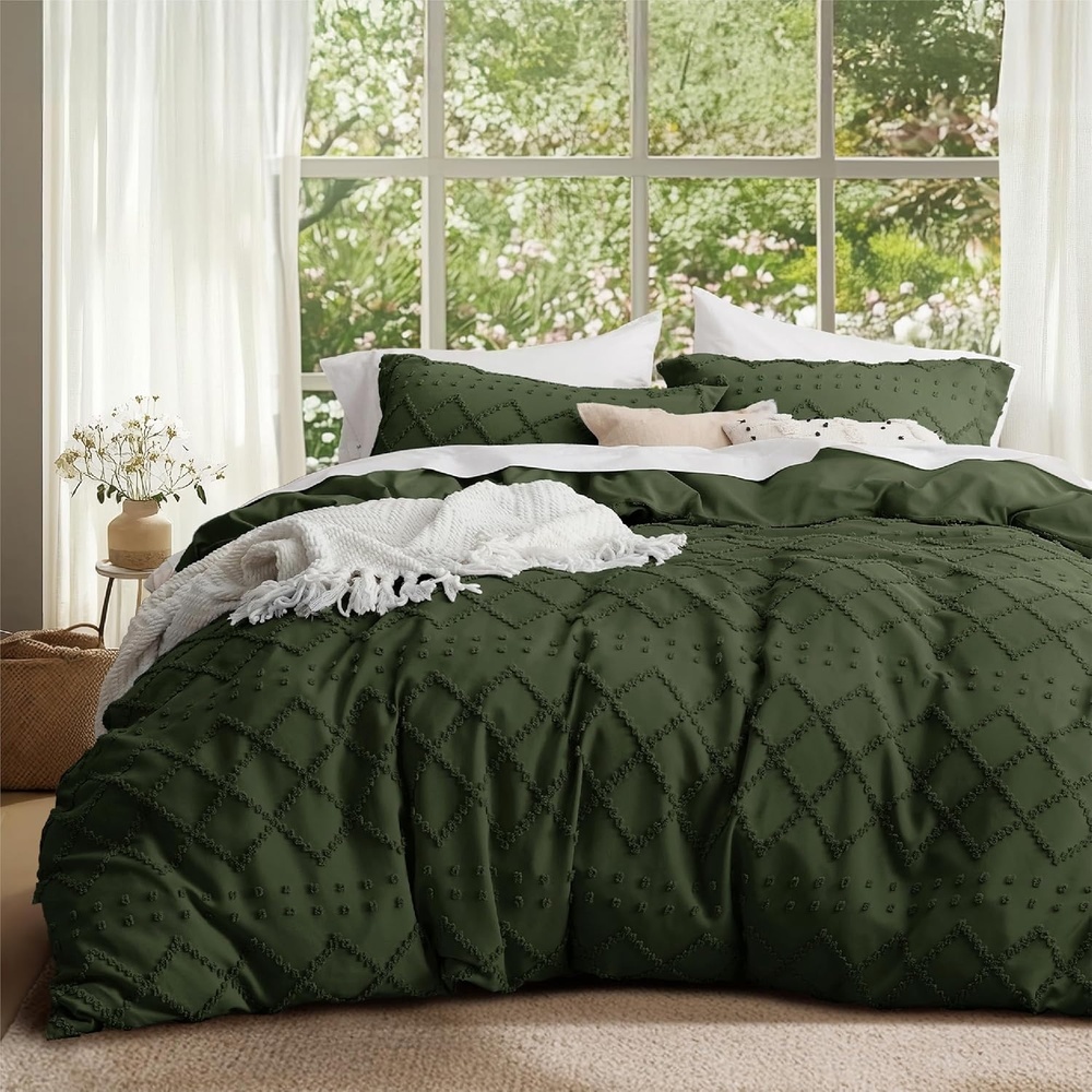 image:imageBedsure Light Pink Boho Duvet Cover Queen Soft Vintage Embroidery03 Olive Green