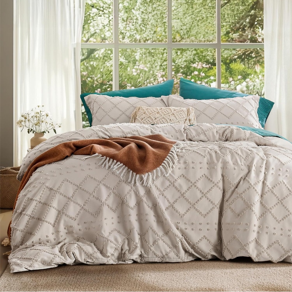 image:imageBedsure Light Pink Boho Duvet Cover Queen Soft Vintage Embroidery06 Beige