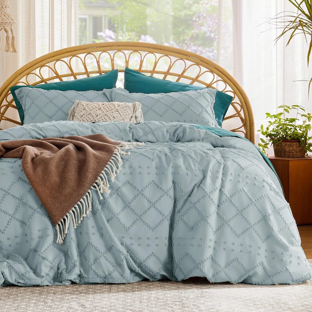 image:imageBedsure Light Pink Boho Duvet Cover Queen Soft Vintage Embroidery11 Dusty Blue